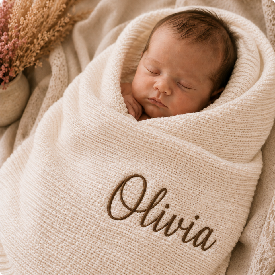 Baby wrapped in an Evernest personalized blanket