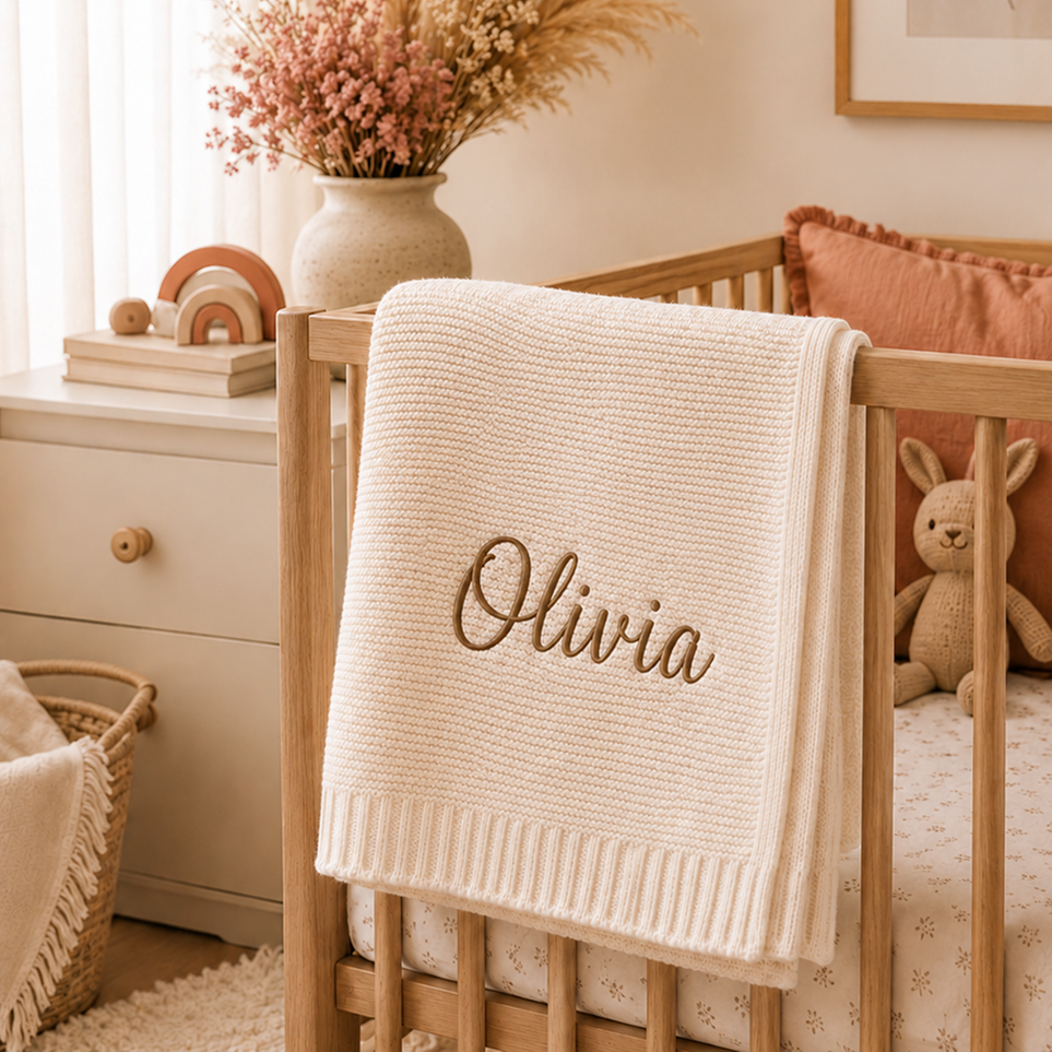 Close-up of the soft cotton knit and personalized embroidery